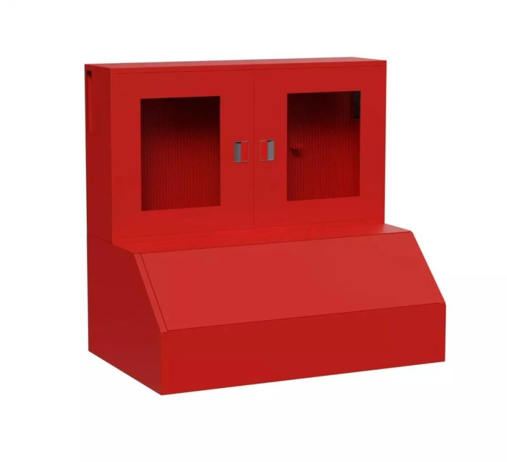 Щит пожарный НПК Модуль 1200х1250х300 мм, комбинированный закрытого типа с емкостью для песка 800 мм, 2 двери - оргстекло, красный