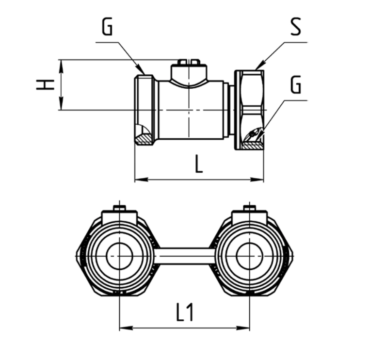 Узел нижнего подключения Aquasfera Ду20 Ру10 наружная резьба/накидная гайка, для двухтрубных систем, прямой, сдвоенный, латунь