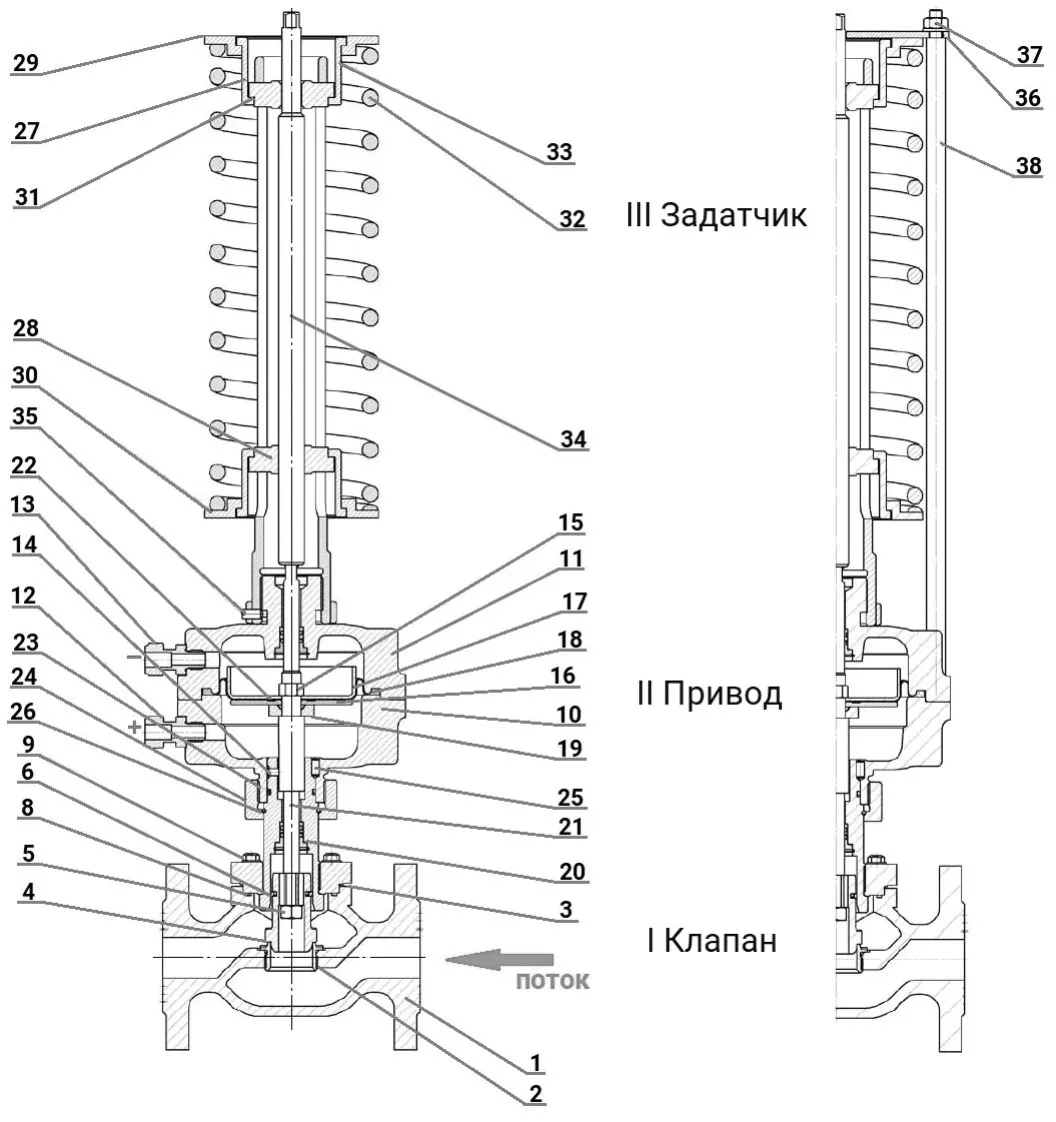 Регулятор давления до себя PRB1030N-F-DA Ду32 Ру16 Kvs10 прямого действия, серый чугун СЧ20, фланцевый, Tmax до 150°С, диапазон настройки 4 (6 - 12 кгс/см2)