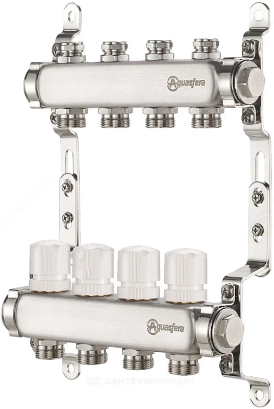 Группа коллекторная Aquasfera 9504 Ду25 Ру10 внутренняя резьба, выходов 8х3/4″ наружная резьба под евроконус с балансировочными и регулирующими клапанами, нержавеющая сталь