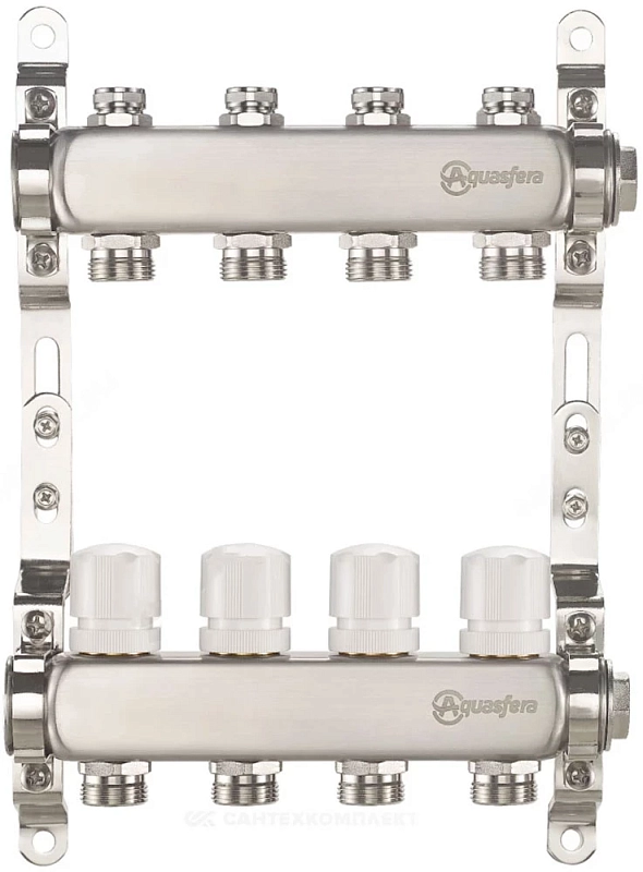 Группа коллекторная Aquasfera 9504 Ду25 Ру10 внутренняя резьба, выходов 8х3/4″ наружная резьба под евроконус с балансировочными и регулирующими клапанами, нержавеющая сталь
